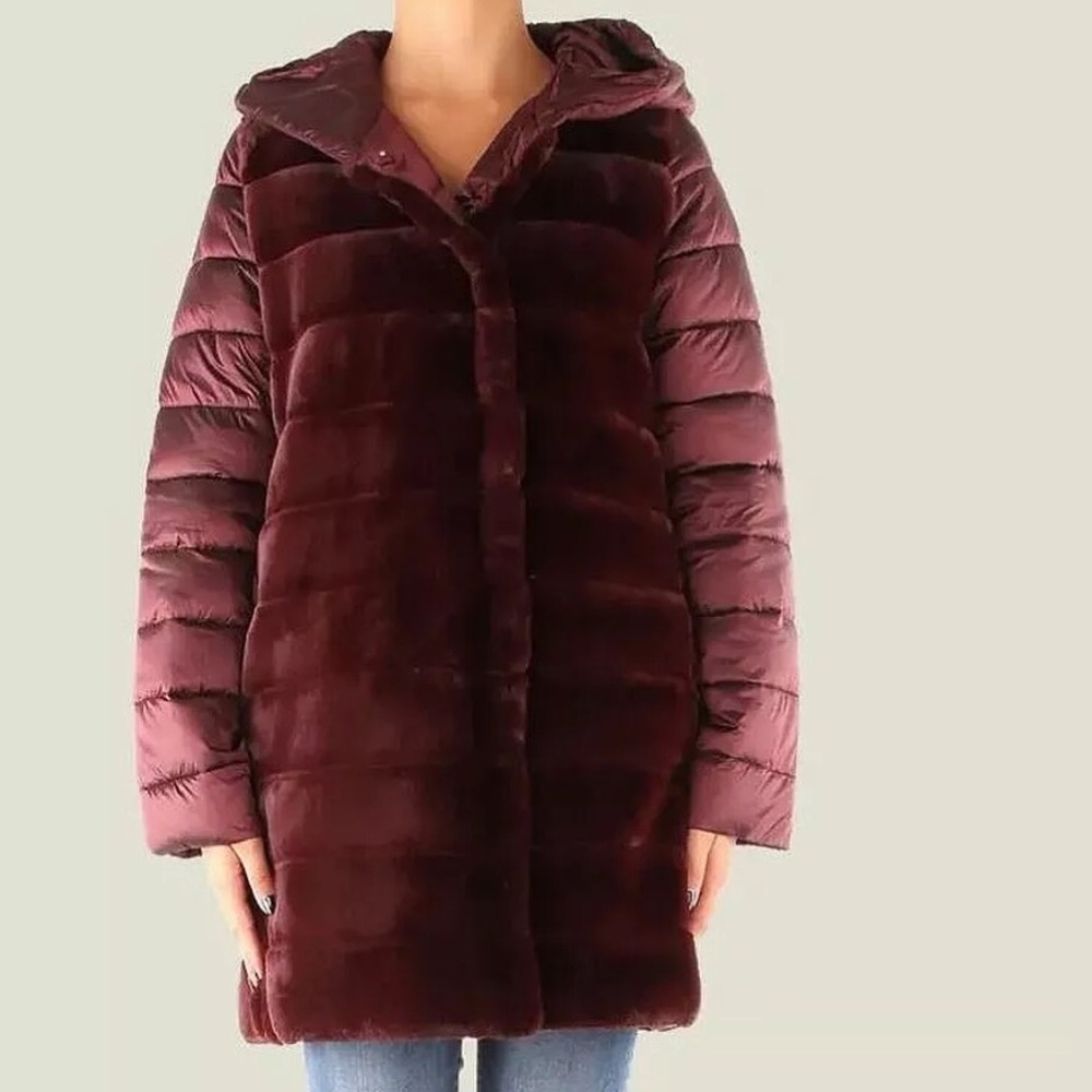 Emme Marella Hooded Faux Fur puffer jacket Coat Burgundy size 2 HTF